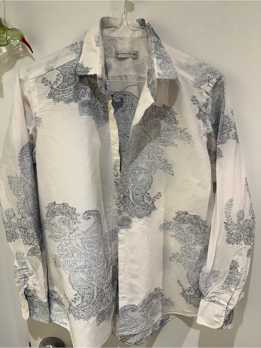 Etro White Button-Down Shirt with Light Blue Paisley Print